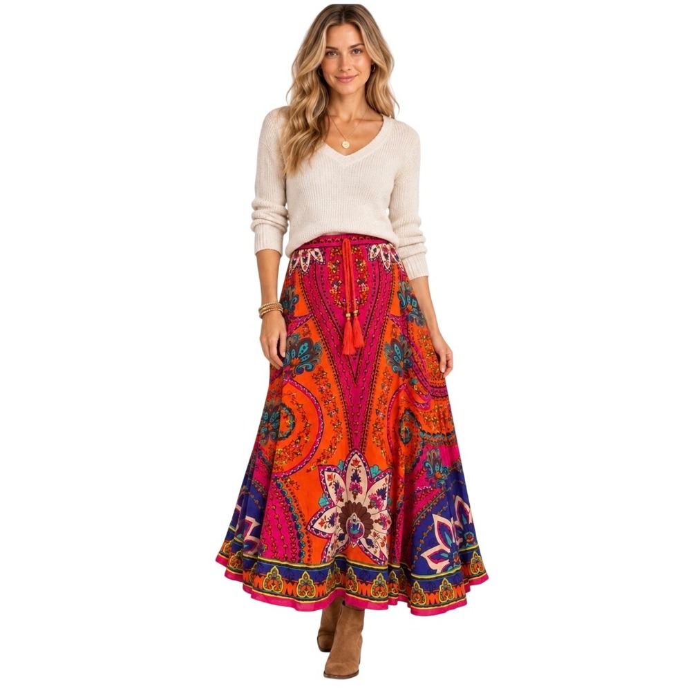 Soft Surroundings Maxi Skirt Pink Orange Paisley Floral Tassel Boho L Large